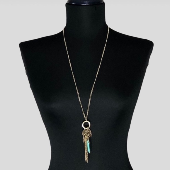 Gold Tone Turquoise Charm Necklace and Stud Earrings Set - Picture 2 of 5